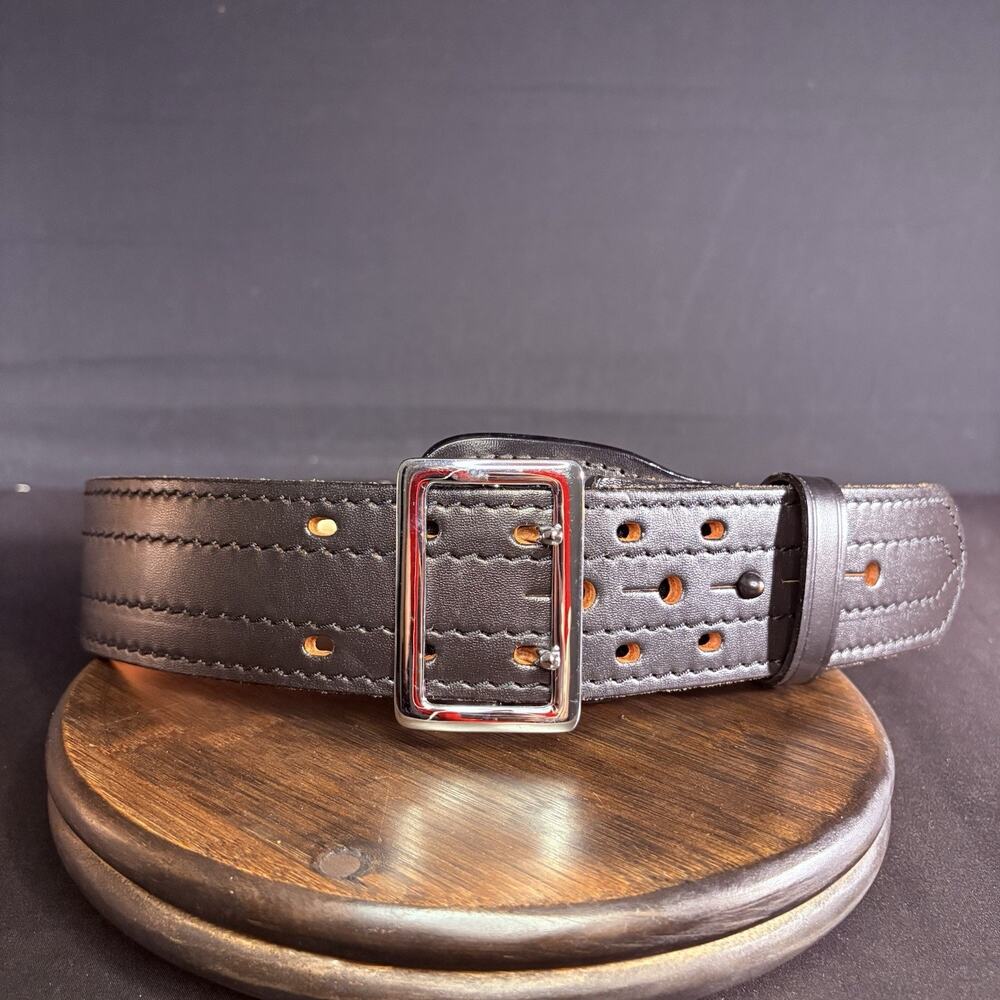 DutyMan Duty Belt Size 30” Black Plain Leather Chrome Buckle 4 Row Stitched 4011